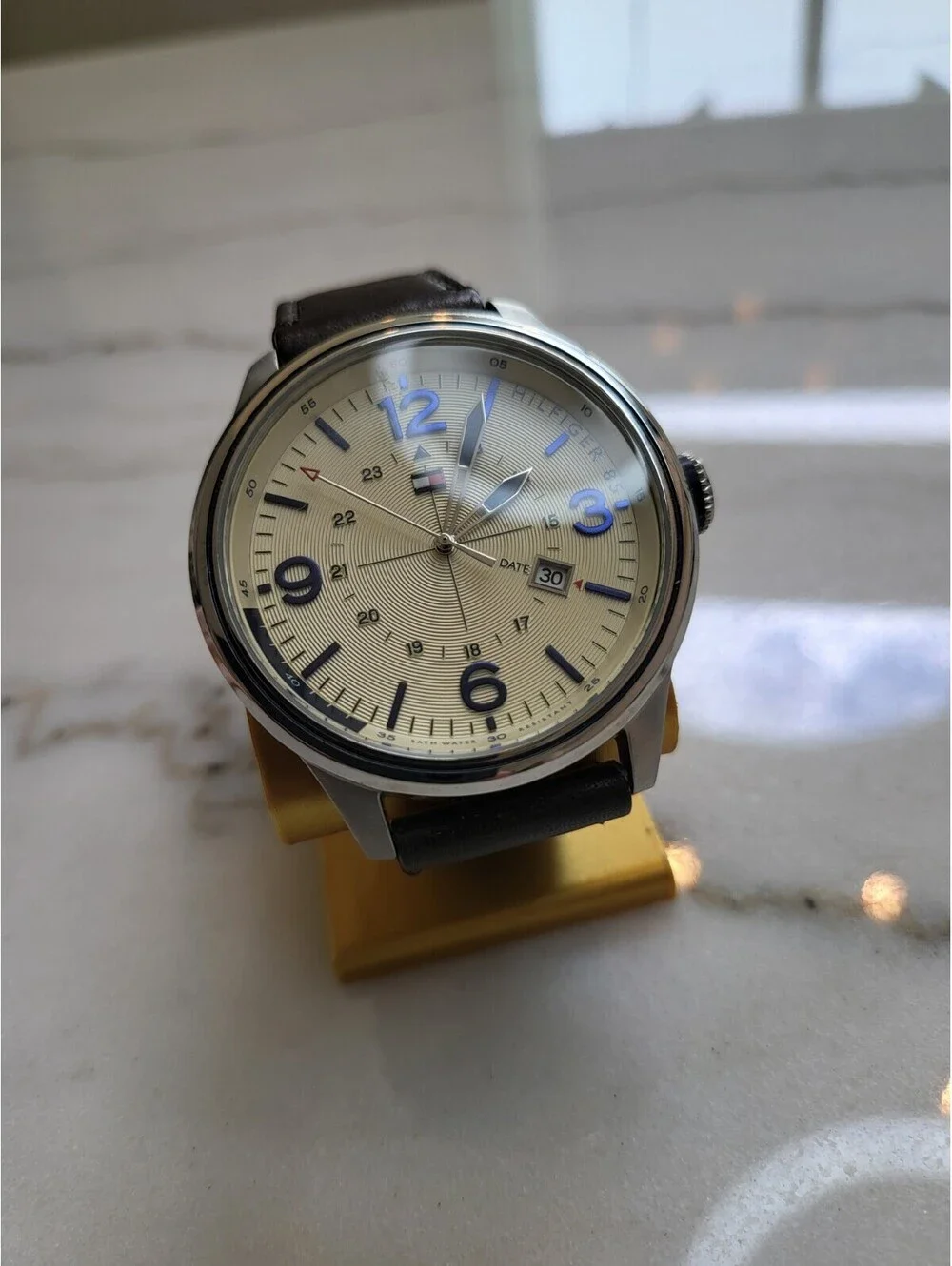 Tommy Hilfiger Cream Dial Brown Leather Men’s Watch Silver Case Date EUC Works